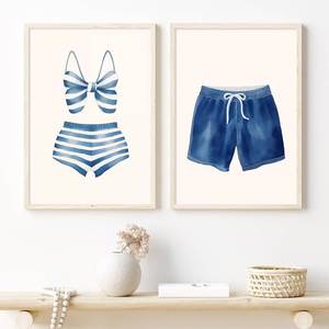 lot 2343 image: Taedfalesy Vintage Swimsuit Wall Art Bathing Suit Artwork Navy Blue White Canvas Swimwear Wall Art Vintage Swim Print Coastal Beach Painting 16x24inx2 No Frame