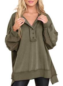 lot 2346 image: AlvaQ Women Sweatshirt Trendy Fall Winter Casual Long Sleeve Henley V Neck Button Oversized Sweatshirts Fashion 2025 High Low Hem Tunic Tops Green Small