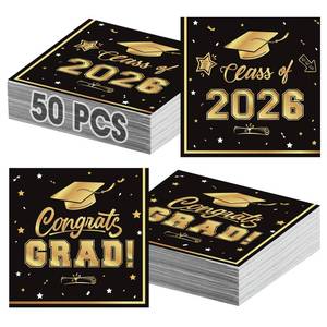 lot 2349 image: 50 Pcs Graduation Napkins Decorations - Black Gold Class of 2026 Congrats GRAD 3-Ply Paper Cocktail Dinner Napkins Set for 2026 Graduation Party Supplies Table Decor Favors, 6.5 x 6.5 Inch