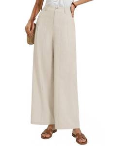 lot 2353 image: GRACE KARIN Women Linen Beach Pants Wide Leg High Waist Trousers Causal Lightweight Pants with Pockets Spring Summer Beige 2XL