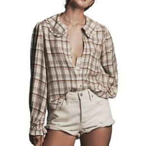 lot 2354 image: Women Peter Pan Collar Plaid Gingham Blouse Tops Y2k Puff Long Sleeve Ruffle Button Down Up Checkered Babydoll Shirts Anthropologies Inspired Dupes Khaki M