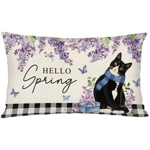 lot 2369 image: YINENA Hello Spring Cat Lumbar Throw Pillow Cover 12x20 Inch Holiday Cushion Case Decoration for Sofa Couch