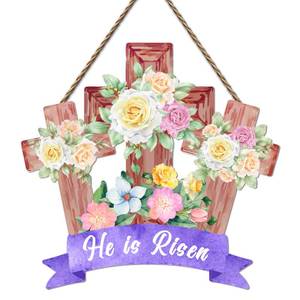 lot 2370 image: He is Risen Decoration for Front Door, Easter Welcome Hanging Sign With Rope, Christian Cross Wall Decor For Farmhouse Home Porch Outdoor Indoor, Spring FLoral Housewarming Gifts for Family Friend, 07