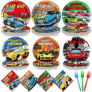 lot 2381 image: 96Pcs Race Car Birthday Party Supplies Hot Car Themed Paper Plates Napkins Racing Themed Park Party Tableware Disposable Checkered Dinnerware Decoration Set for Kids Birthday Baby Shower Table Decor