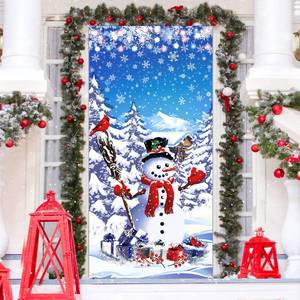 lot 2389 image: Winter Snowman Door Cover Decoration Let It Snow Snowman Cardinal Christmas Door Banner Backdrop for Winter Welcome Christmas Holiday Front Door Decoration