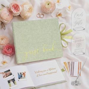 lot 4043 image: Engrowtic Linen Sage Green Wedding Guest Book Set with Acrylic Sign, Photo Corners & Pen, Hardcover 50 Pages Guestbook for Wedding Reception, Bridal Shower Keepsake Album