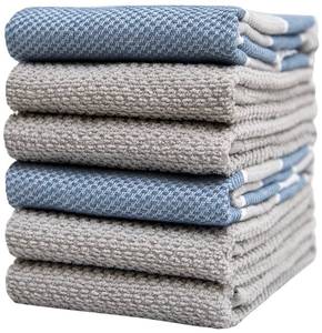 lot 4105 image: Premium Kitchen Towels (16x 28, 6 Pack) �� Large Cotton Kitchen Hand Towels �� Dobby Yarn Dyed with Fringe �� 380 GSM Highly Absorbent Tea Towels Set with Hanging Loop (Aqua & Grey)