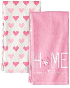 lot 4116 image: Miss Adola Valentine Day Kitchen Towels Set of 2 - Flour Sack Tea Towels with Hanging Loop 18x26 Inch Home Sweet Home Hand Dish Cloths Pink Hearts Absorbent Reusable Dishcloths Cute Valentine Decor