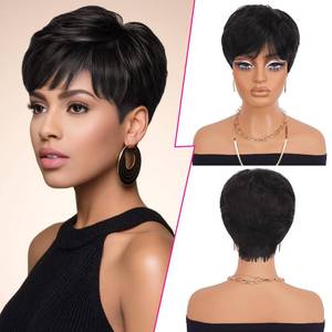 lot 4132 image: PEACOCO Pixie Cut Wig Human Hair Short Wigs for Black Women Natural Straight Glueless Pixie Wig with Bangs Layered Virgin Short Wigs for Women Black Color 1B