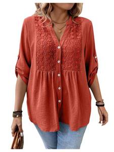 lot 6021 image: Verdusa Womens Boho Plus Size Button Down Blouse Floral 34 Sleeve Shirts Babydoll Peplum Tunic Tops Orange X-Large Plus