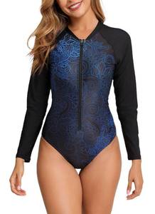 lot 6041 image: Halcurt Womens One Piece Rash Guard with Built in Bra UPF50 Zip Long Sleeve Surfing Athletic Swimsuit Blue Black Floral L