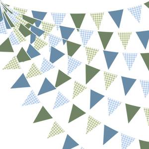 lot 6089 image: 32Ft Blue Green Party Decorations Dusty Blue Sage Green Gingham Fabric Triangle Banner Flag Plaid Pennant Garland Streamers for Hole in One Birthday Baby Shower Masters Golf Graduation Decor Supplies