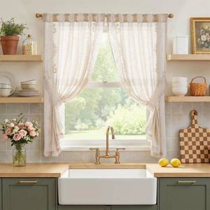 lot 6094 image: jinchan Belrose Linen Floral Cafe Curtains 54 Inch Length Embroidered Farmhouse Curtains for Kitchen Bedroom Bathroom Small Windows Curtain Set Light Filtering 2 Panels Ivory