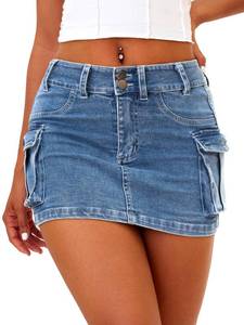 lot 6489 image: ELLEVEN Mini Cargo Skirts for Women High Stretchy, Low Waist Y2k Skirt Button Cute Denim Bodycon Jean Skirt with Pocket Denim Blue X-Small