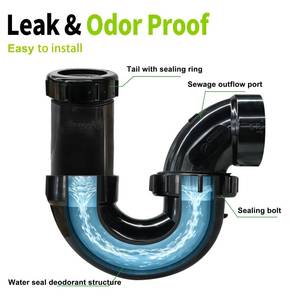 lot 10078 image: Lesso America 1-12 Inch ABS P Trap, Anti-Clog Adjustable DWV Drain Trap with White Threaded Adapter Ring for RV, Bathroom, Kitchen Sink - NPT Thread, Black