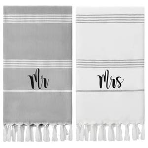 lot 11162 image: Preboun 2 Pcs Mr and Mrs Turkish Beach Towels Honeymoon Essentials for Couple Embroidered Turkish Beach Towels for Wedding Bridal Shower Gift with Tassels, 71x39 Inch(Grey, White)