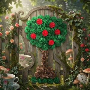 lot 11165 image: FunooFuno 56pcs Wonderland Tissue Paper Pom Poms Backdrop, Wonderland Tea Party Queen Decor for Wall 3D Paper Pom Poms Heart-Shaped Tree for Grils Birthday Baby Shower