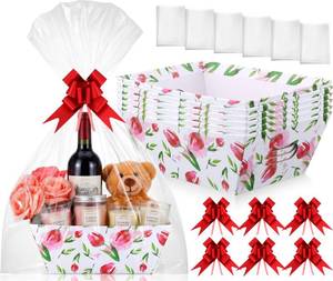 lot 11170 image: Skyygemm 6 Pack Empty Gift Baskets to Fill, Thick Cardboard Market Trays with Clear Cellophane Bag & Pull Bow, DIY Make Your Own Hamper Kit, Floral Boxes for Women Birthday Wedding(Tulip)