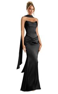 lot 12176 image: HMONELY Cowl Neck Black Bridesmaid Dresses with Scarf Silk Satin Mermaid Back Pleated Strapless 2 Piece Formal Party Gowns US Size 12 HE108