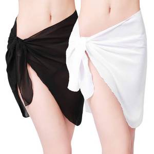 lot 12238 image: ChinFun Womens Sarong Wrap Beach Swimwear Chiffon Cover Up Short Pareo Bikini Swimsuit Wrap Skirt Bathing Suit Shawl Semi-sheer Translucent Plus Size Black & White (2 Pack)