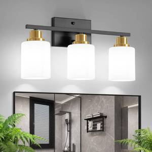 lot 13533 image: Ascher Bathroom Light Fixtures, 3-Light Vanity Light Over Mirror, Black and Gold Wall Sconces with Milky White Frosted Glass Shades, Wall Lamp for Living Room Bedroom, E26 Base(Bulbs Not Included)