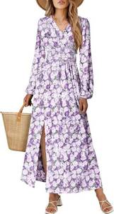 lot 14214 image: BLENCOT Long Sleeve V Neck Floral Maxi Dress for Women Casual Flowy Slit Ruched High Waist Cocktail Fall DressesXL