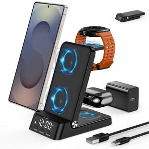 lot 14220 image: Wireless Charger with Alarm Clock for Samsung,Foldable 4 in 1 Charging Station for Galaxy Watch 87UltraClassicFE6,Galaxy S26S26UltraS25Z Flip 7FE65Z Fold 765, Buds4 pro Charger Stand