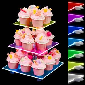 lot 14260 image: Cupcake Stand - 3 Tier Cupcake Tower with Rechargeable Light- Acrylic Cupcake Holder for 24 Cupcakes-7 Color Cupcake Display Stand- Clear Dessert Display Stand for Party