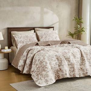 lot 17497 image: Wonderful Taupe Floral Quilt King Size, Summer Cooling 3 Piece Cotton Vintage Farmhouse Bedding Set, Machine Washable Lightweight Soft Bed Cover for All Season