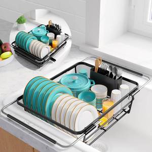 lot 17499 image: Sakugi Extendable Dish Drying Rack Over Sink with Dish Drainer, Sink Organization and Storage Essentials with Silverware & Utensil Holder, Home and Apartment Decor, 12 W x 16.123 L, Black