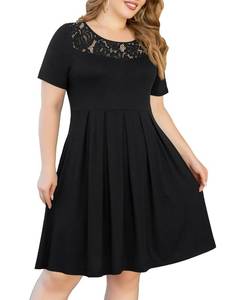 lot 18299 image: Tralilbee Womens Plus Size Short Sleeve Lace Pleated Dresses Casual Swing Dress with Pockets, Black, 1X