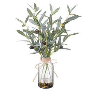 lot 19822 image: 15.74 Artificial Olive Branches in Glass Vase with Faux Water & Natural Stones, Lifelike Fake Greenery for Modern Farmhouse Home Decor, Bathroom decor, Office Desk Centerpiece, Housewarming Gift