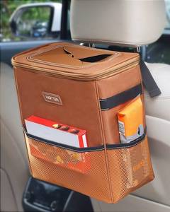 lot 20193 image: HOTOR Brown Car Trash Can with Adjustable Strap, Magnetic Snaps, Waterproof Lining, and Storage Pocket