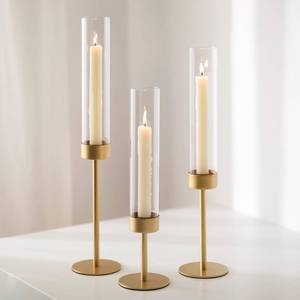 lot 20212 image: Glass Hurricane Candlestick Holders Gold - Romadedi Taper Candle Holder Tall Clear Glass Cylinder Table Centerpiece Wedding Decor Party Birthday Christmas Home Decorations Set of 3
