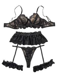lot 20223 image: Verdusa Womens 4 Piece Lace Sheer Lingerie Sets Underwire Bra Micro Mini Skirt and Thong with Garter Black X-Large