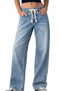 lot 20237 image: ELLEVEN Jeans for Women Trendy Wide Leg Low Rise Waisted Drawstring Straight Boyfriend Mom Loose Jeans Denim Pants Trousers Baggy Spring Fall Winter Denim Blue 6