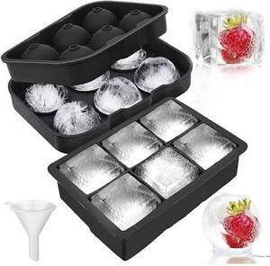 lot 6487 image: LessMo Ice Cube Trays Ice Ball Maker with Lids 2 Pack, Silicone Sphere Round Ice Mold & Large Square Ice Cube Molds Reusable & BPA Free for Freezer, Whiskey, Chilled Drinks, Black lot of 2