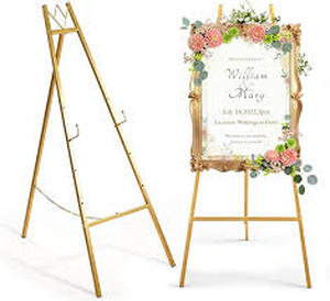 lot 13537 image: Gold Easel Stand for Sign, Wedding Sign Stand for Display, Assembly Required, 4 Adjustable Height Levels Heavy Duty Metal Display Stand Floor Standing Easels for Art, Paintings, Pictures