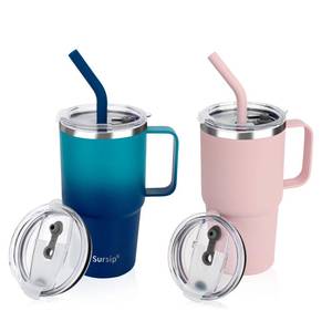 lot 1652 image: Sursip Insulated Coffee Mug with Handle and Lid, 24 oz Double Wall Vacuum Travel Thermal Coffee Tumbler with Straw for Home, Office and Outdoor Stainless Steel Coffee Cup - Leak proof, BPA Free (2 Pack)
