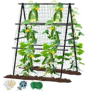 lot 1659 image: Cucumber Trellis, 31ftftX47ftft A-Frame Cucumber Trellis for Raised Bed with Climbing Net, Metal Garden Trellis for Climbing Plants for Cucumber,Tomato, Grapes and Flowers