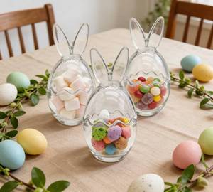 lot 1668 image: Set of 3 Glass Bunny Jars with Ears Egg-shaped Glassware 17cm Height 8.5cm Caliber Easter Candy Storage Containers Spring Decorative Glass Bunny Jars for Treats and Home Decoration
