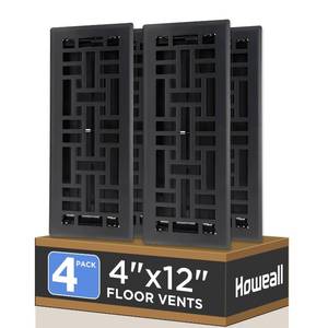 lot 1685 image: Howeall 4x12 Inches 4 Pack Heavy Duty Walkable Floor Register - Easy Adjust Air Supply Lever Decorative Floor Vent Covers, Seattle Design Vent Covers for Home - Matte Black