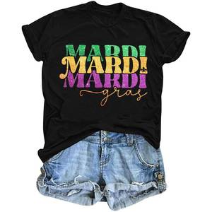 lot 2012 image: UNIQUEONE Mardi Gras Shirts for Women Carnival Outfit Fat Tuesday Tees Mardi Gras Gift Casual Short Sleeve Tops Black