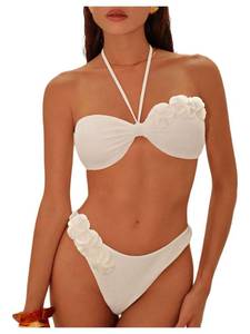 lot 2052 image: SHENHE Womenfts Halter Bandeau Bikini Set 3D Flower Swimsuits High Cut Bathing Suits 2 Piece White Small