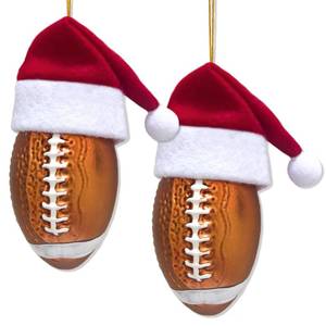 lot 2097 image: Ushinemi Set of 2 Football Ornament for Christmas Tree, Glass Football Christmas Ornaments in Santa Hat, Xmas Hanging Decor Tradition Blown Glass Keepsake Gifts