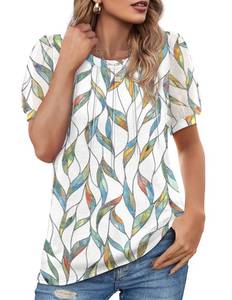 lot 2099 image: Summer Tops for Women 2025 Beach Vacation Clothes Oversized Spring Outfits Short Sleeve Shirts Pleated Floral Blouse Leaf XL