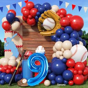 lot 2104 image: Baseball Balloon Arch with 40-Inch Navy Blue Number 9 Balloon, 9th Birthday Party Decorations for Boys with Red Blue Nude Baseball Glove Foil Balloons for 9 year old Birthday Sport Party Baby Shower