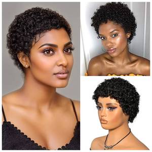 lot 2123 image: Short Afro Kinky Curly Wigs for Black Women 100percent Human Hair Deep Wave Curly Pixie Cut Wig, Natural Black Glueless Short Afro Kinky Wig Brazilian Virgin Human Hair African Style Daily Party Wear Wigs