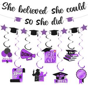 lot 2450 image: Purple Graduation Decorations Class of 2026 - Glitter She Believed She Could So She Did Banner and Hanging Swirls, Grad Party Supplies for High School College Master Degree Decor