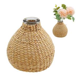 lot 2457 image: LIDSCURA Woven Glass Vase with Rattan Cover, Beige, Rectangular, 10x8.8cm, Ideal for Home Decor, Weddings, Birthdays, Aromatherapy